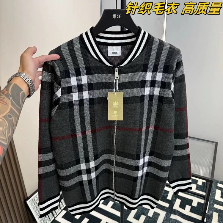 Burberry Knitted Sweater Splicing Checkered Cardigan Light Luxury Jacket Men's Trendy Brand | Supeer