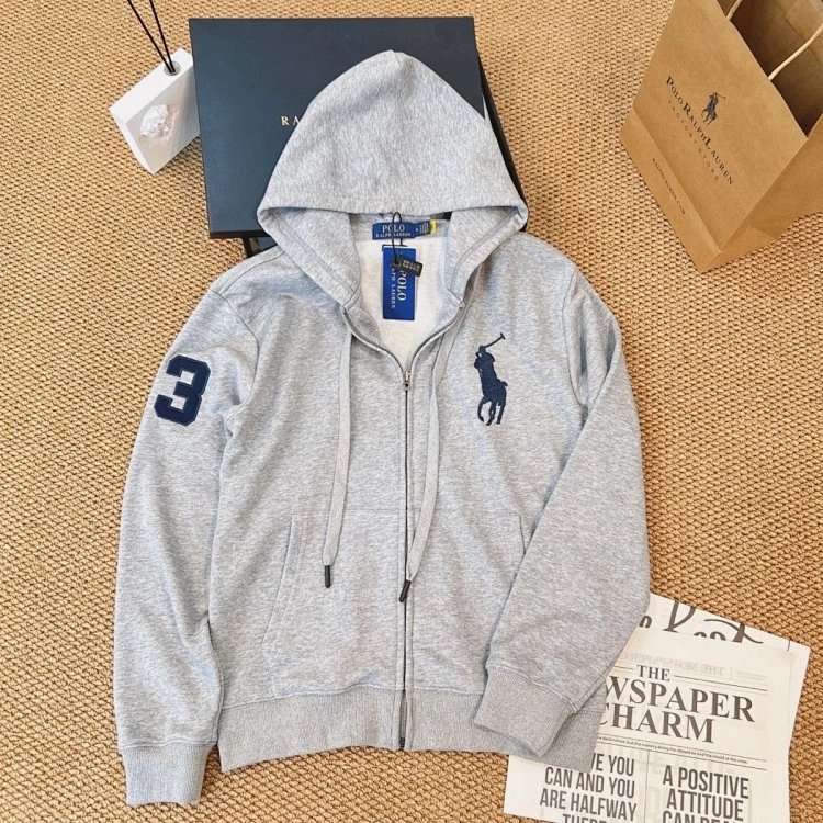 POLORalph Lauren hooded cardigan zipper jacket unisex ponytail with fleece warm hoodie | Supeerbuy