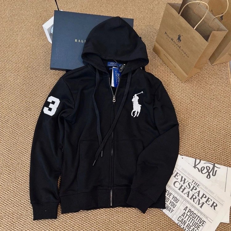 POLORalph Lauren hooded cardigan zipper jacket unisex ponytail with fleece warm hoodie | Supeerbuy