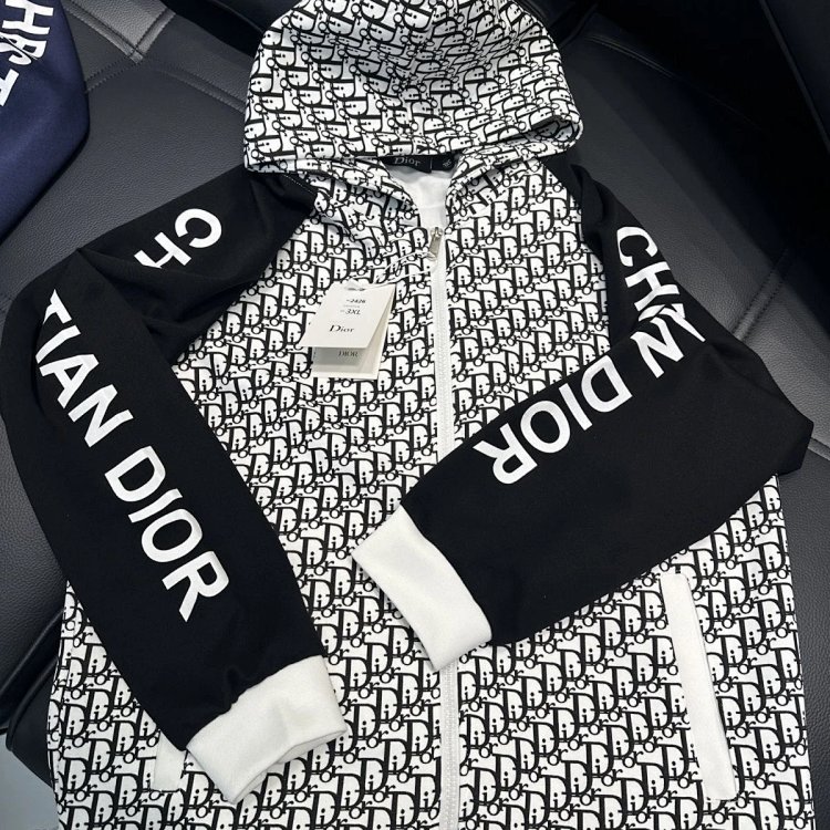 DIOR Light Luxury Full Print Spring and Autumn Coat unisex trendy brand cardigan hooded jacket | Sup