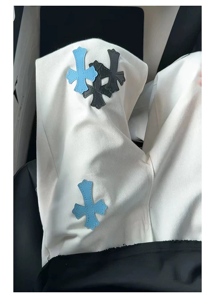 Chrome Hearts White Luxury Jeans Classic Leather Cross Men's and Women's Loose Straight Pants | Supe