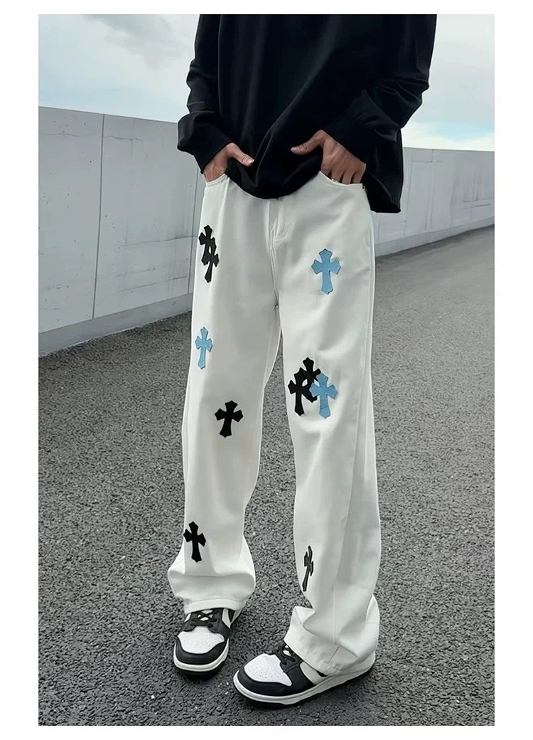 Chrome Hearts White Luxury Jeans Classic Leather Cross Men's and Women's Loose Straight Pants | Supe