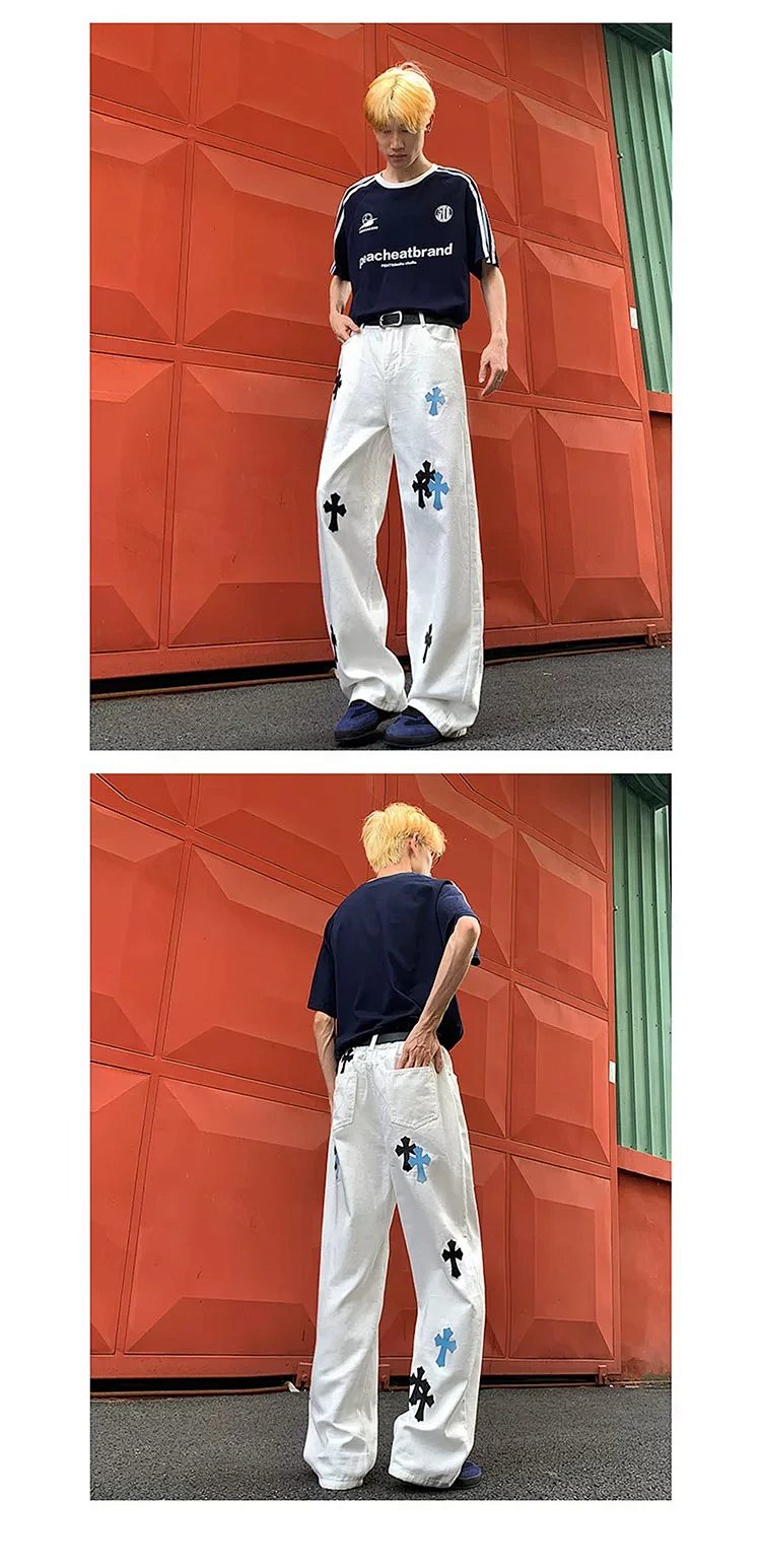 Chrome Hearts White Luxury Jeans Classic Leather Cross Men's and Women's Loose Straight Pants | Supe