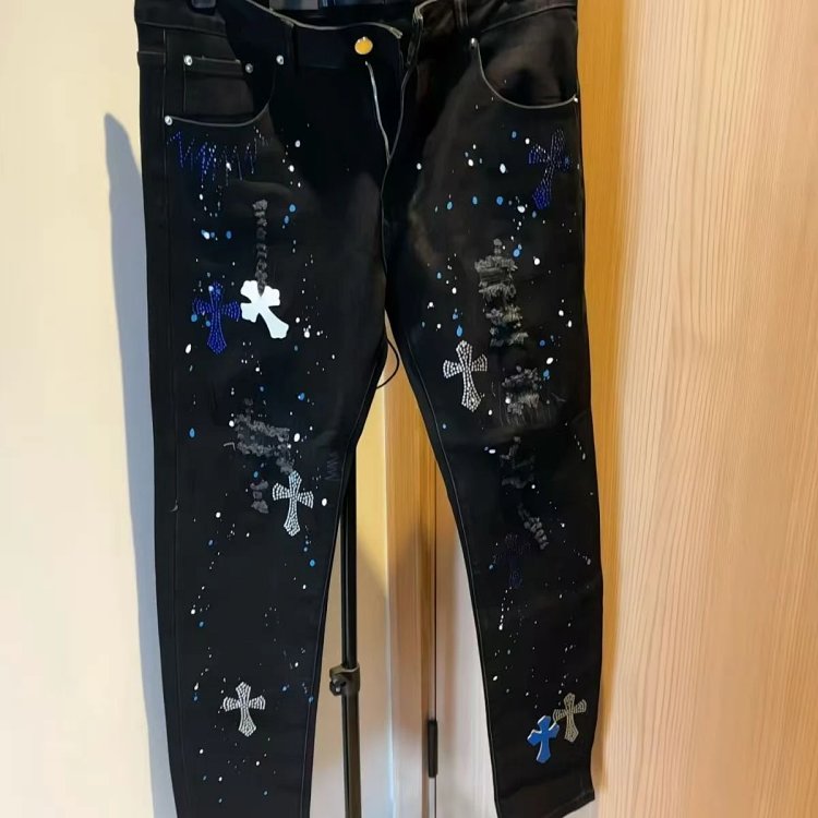 Chrome Hearts  High Street Black Cross Hot Drilled Punched Jeans | Supeerbuy Spreadsheet