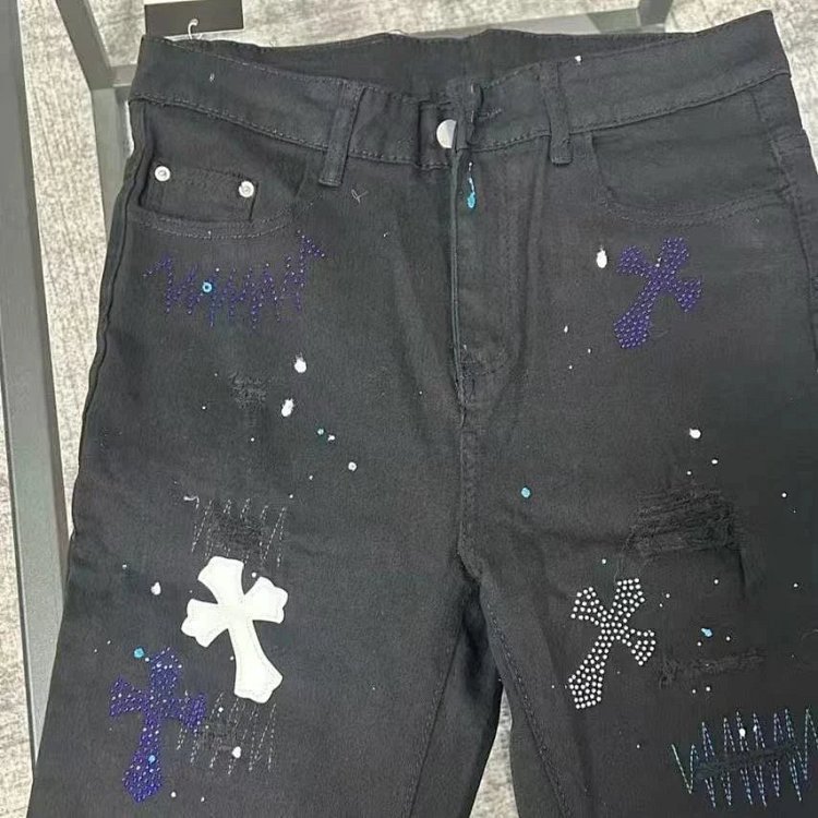 Chrome Hearts  High Street Black Cross Hot Drilled Punched Jeans | Supeerbuy Spreadsheet