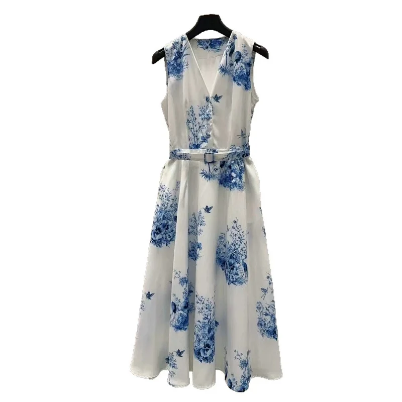 Seaside vacation blue and white printed long skirt | Supeerbuy Spreadsheet
