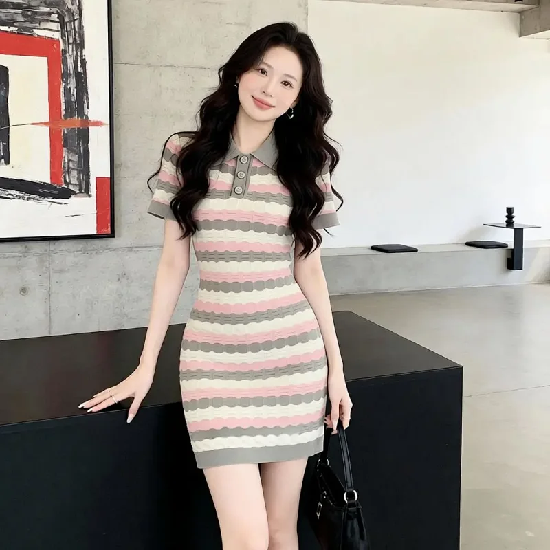 Summer new socialite small fragrant style striped French knitted dress | Supeerbuy Spreadsheet