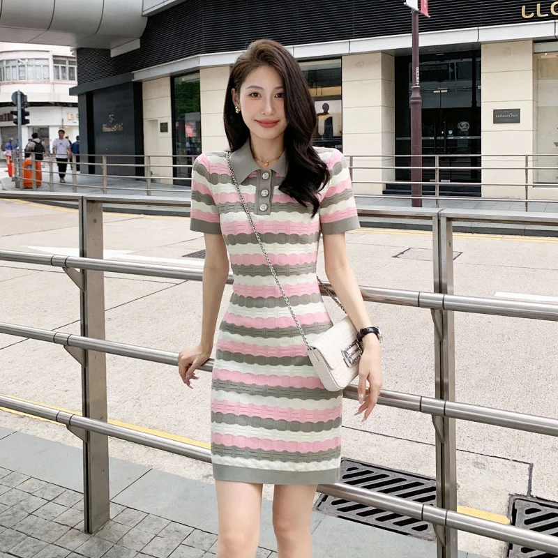Summer new socialite small fragrant style striped French knitted dress | Supeerbuy Spreadsheet