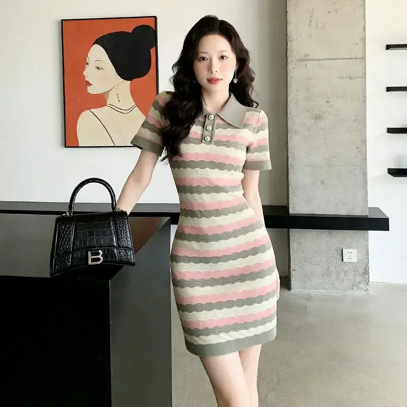 Summer new socialite small fragrant style striped French knitted dress | Supeerbuy Spreadsheet